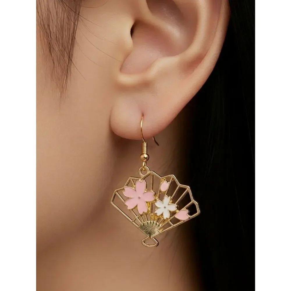 Golden Cherry Blossom Fan Pendant Earrings Pink White Floral Elegant Gold Dangle